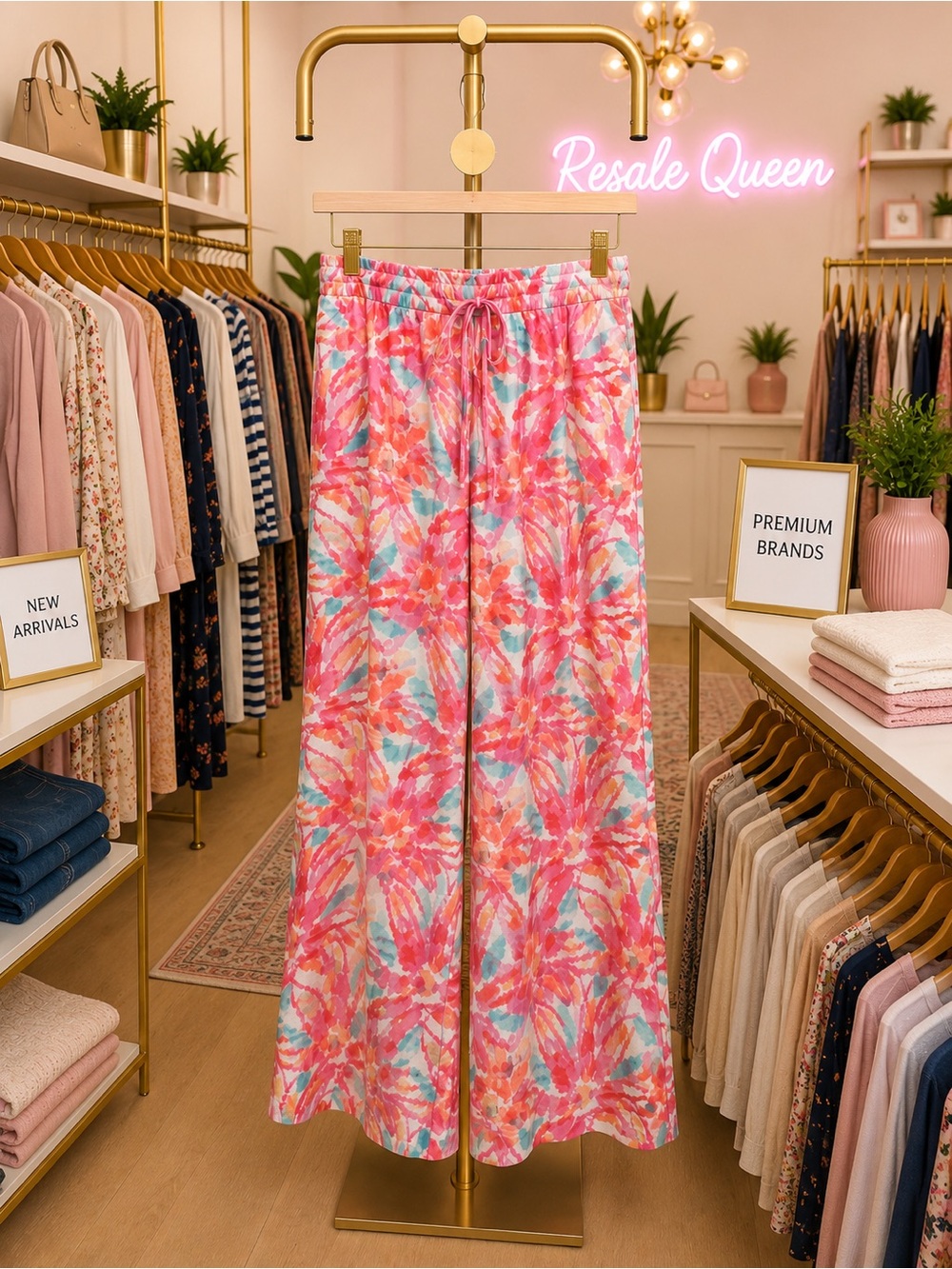 NWOT Pink Lily Coral & Aqua Watercolor Wide-Leg Pants